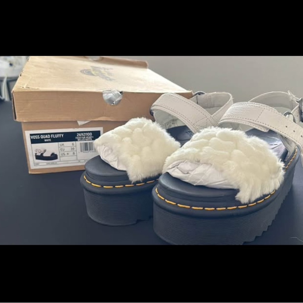 Dr. Martens White Fluffy Platform Sandals